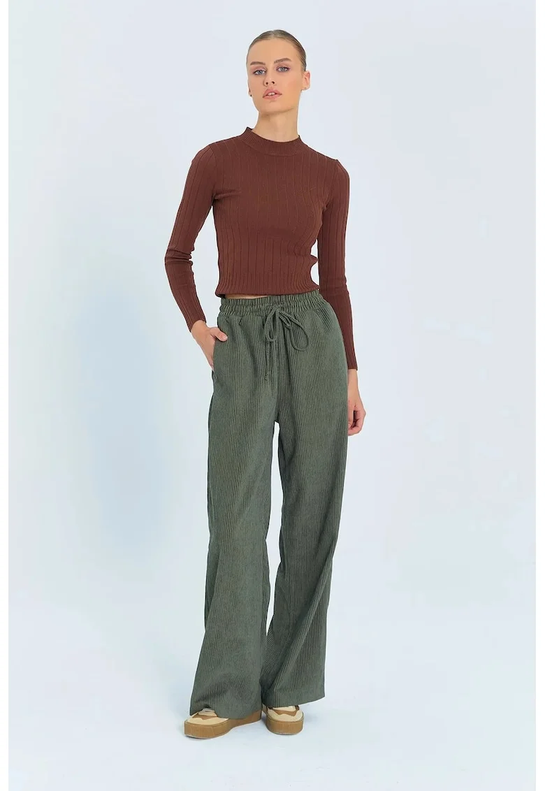 Pantaloni dama  Wide Leg catifea snur talie kaki S, Kaki