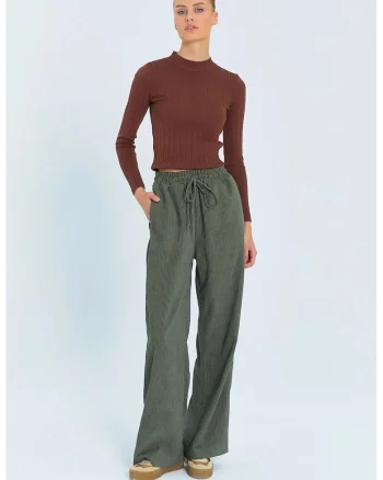 Pantaloni dama  Wide Leg catifea snur talie kaki S, Kaki