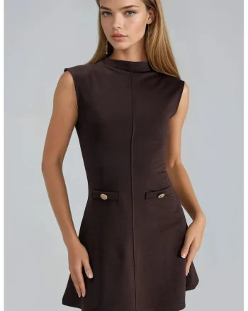 Rochie midi  slim fit, cu buzunare, maro, textil