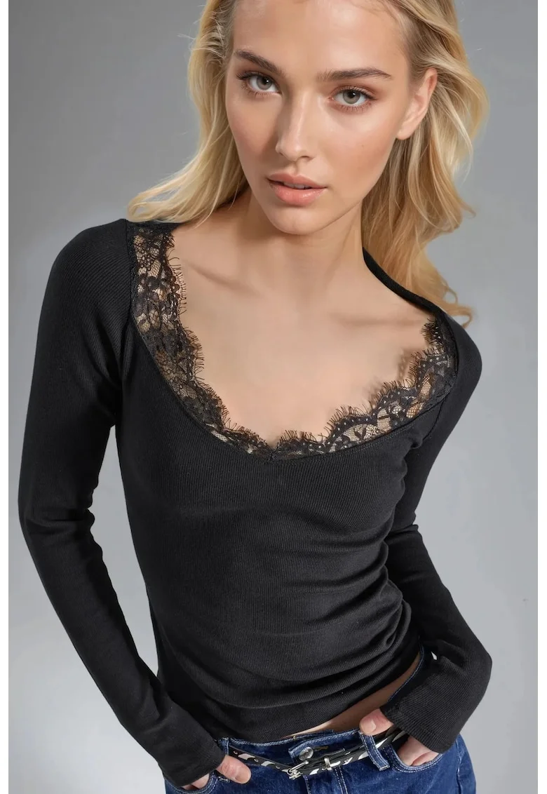 Bluza dama,  Negru, Jerseu, Decolteu in V
