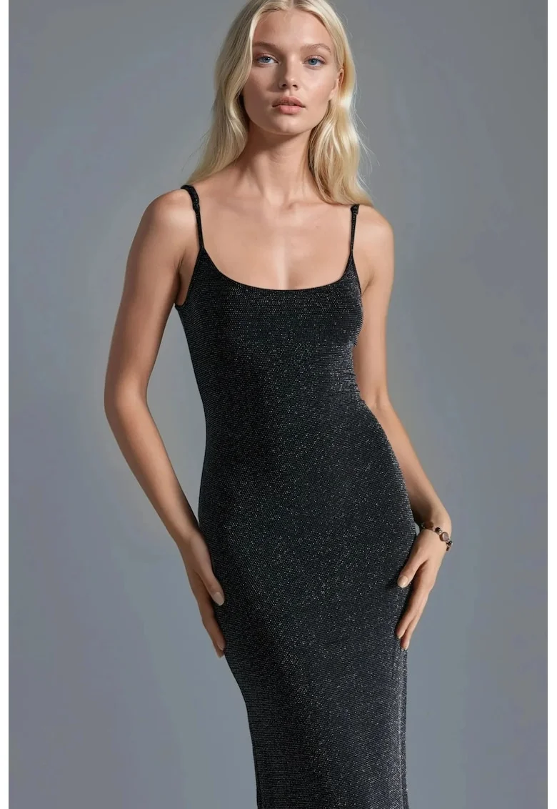 Rochie Midi  guler in U, neagra, Negru