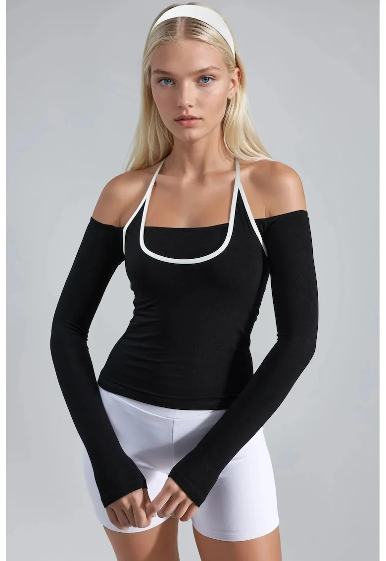 Bluza dama,  Guler in U, Negru, Jerseu