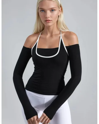 Bluza dama,  Guler in U, Negru, Jerseu