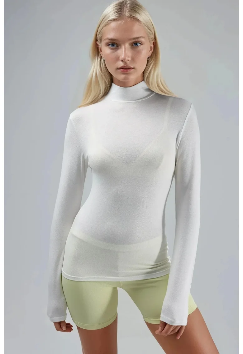 Bluza,  Alb, Guler inalt, Jerseu