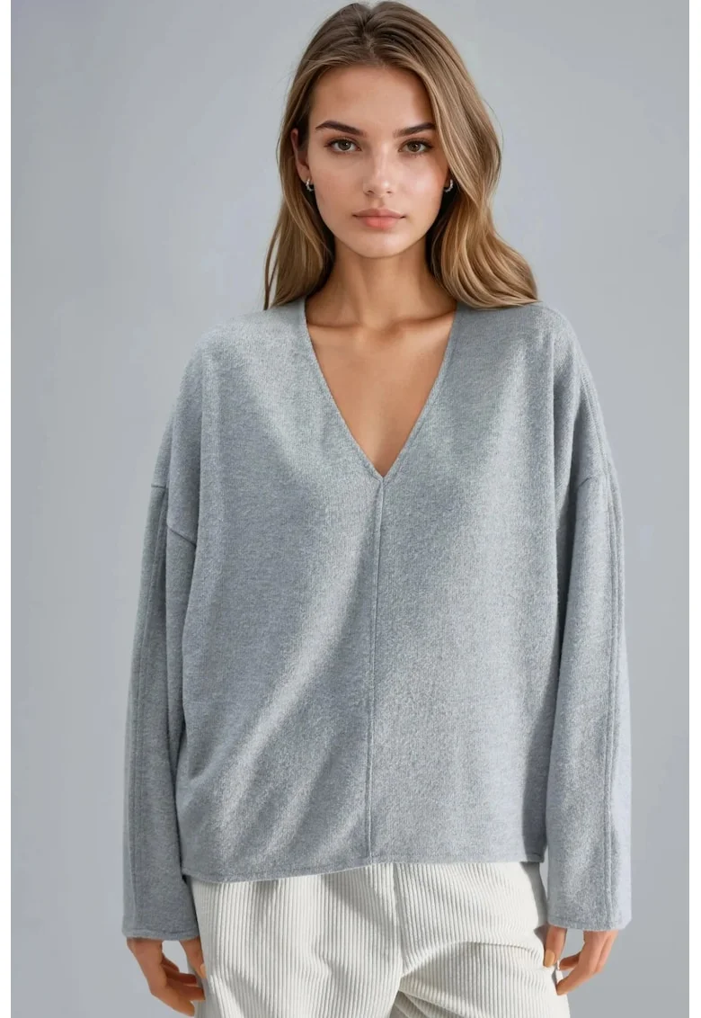 Bluza,  Gri deschis, Jerseu, Decolteu in V