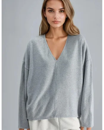 Bluza,  Gri deschis, Jerseu, Decolteu in V