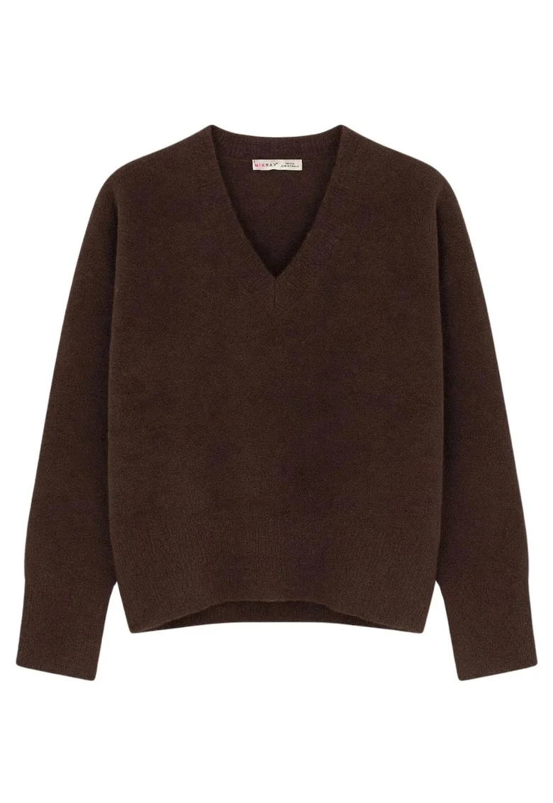 Pulover dama,  cu decolteu in V, maro cafeniu, tricot, One Size