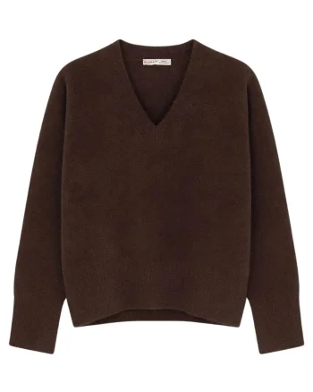 Pulover dama,  cu decolteu in V, maro cafeniu, tricot, One Size