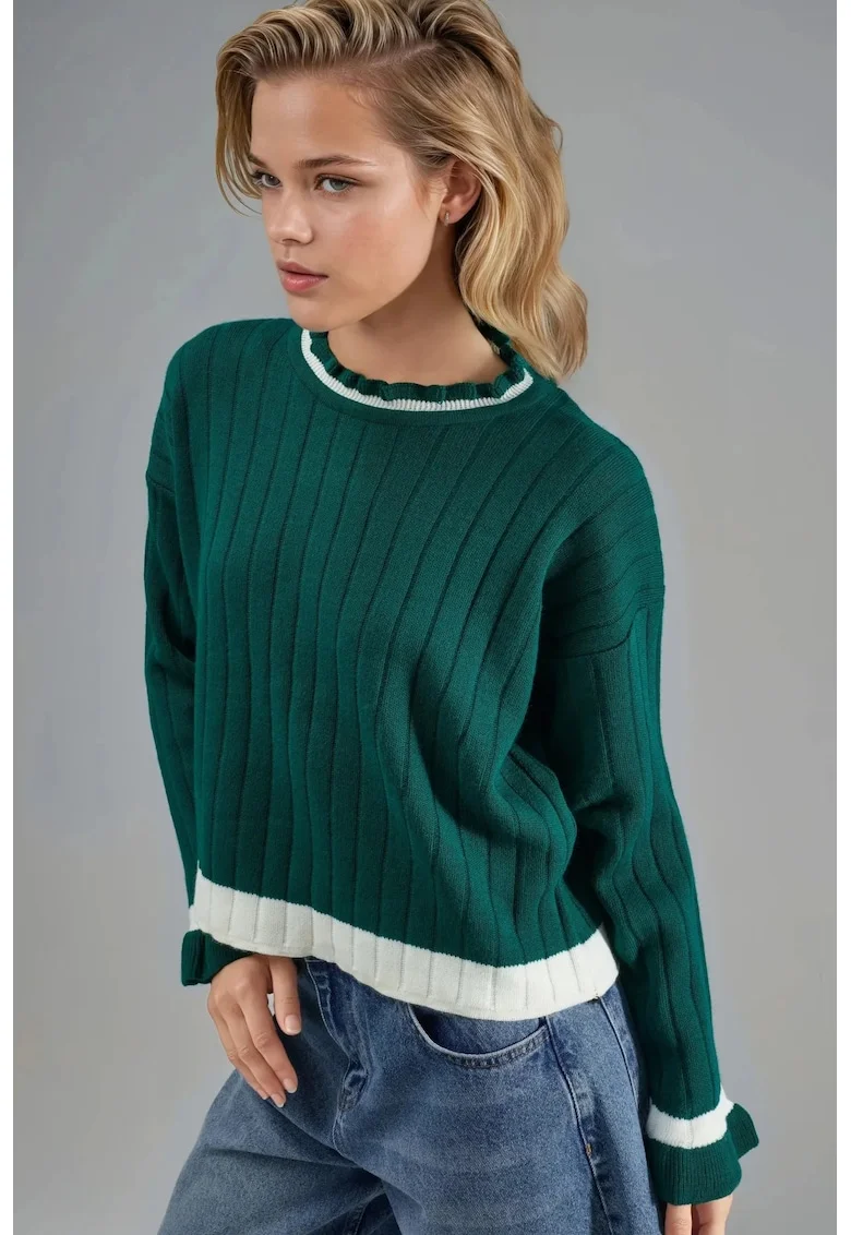 Pulover tricotat dama MY FASHION, cu guler rotund, dungi, verde smarald/alb, tricot, One Size