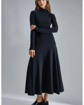 Rochie Midi A-Line,  Maneca Lunga, Negru, Jerseu