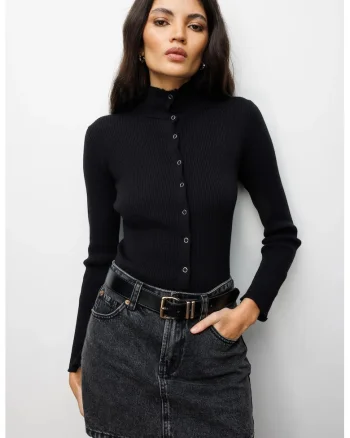 Cardigan dama,  Slim Fit, guler inalt, negru, tricot