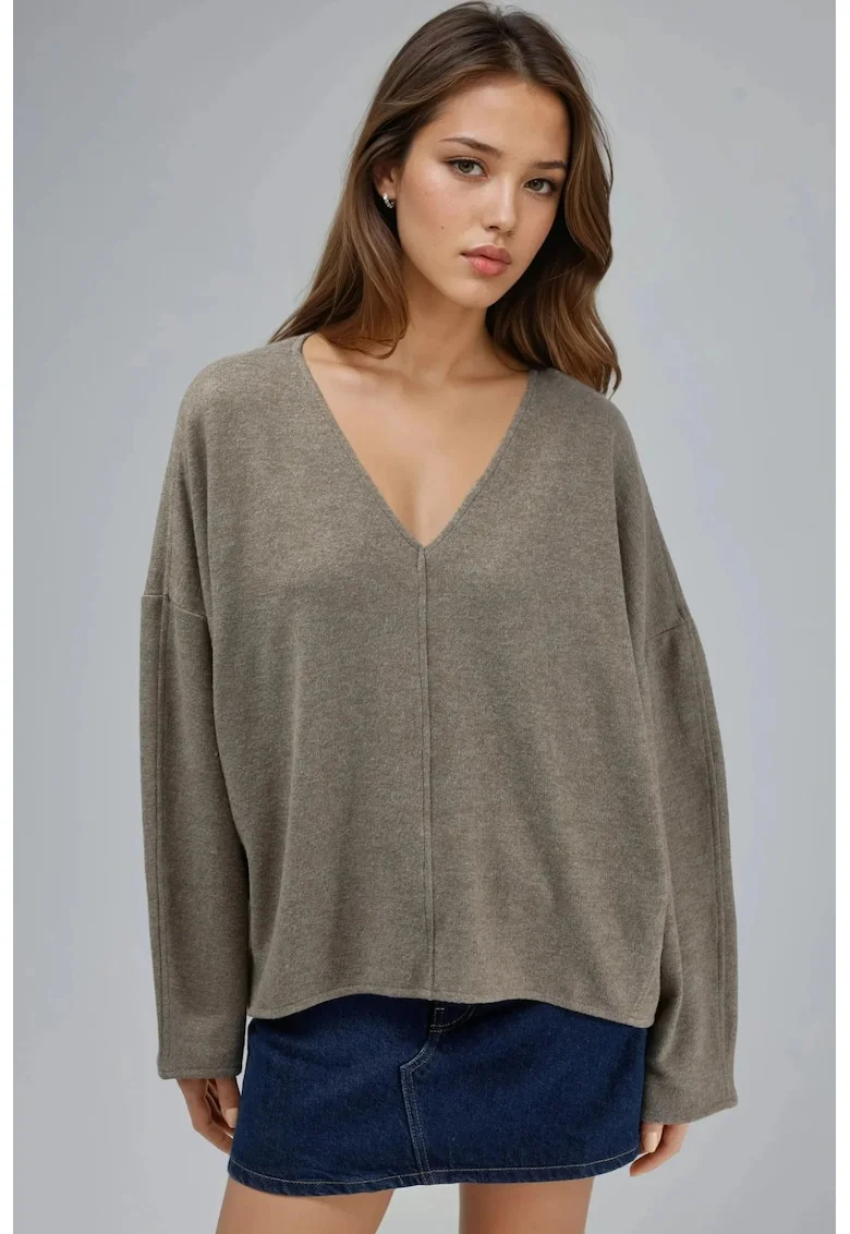 Bluza dama,  Maro deschis, Jerseu, Decolteu in V