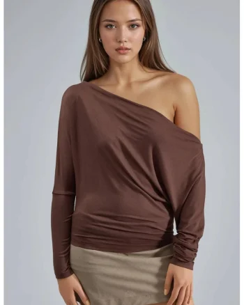 Bluze dama,  bluza cu guler barca si drapaj, maro cafea, jerseu