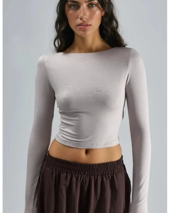 Bluza dama,  crop, slim fit, crem natural, jerseu