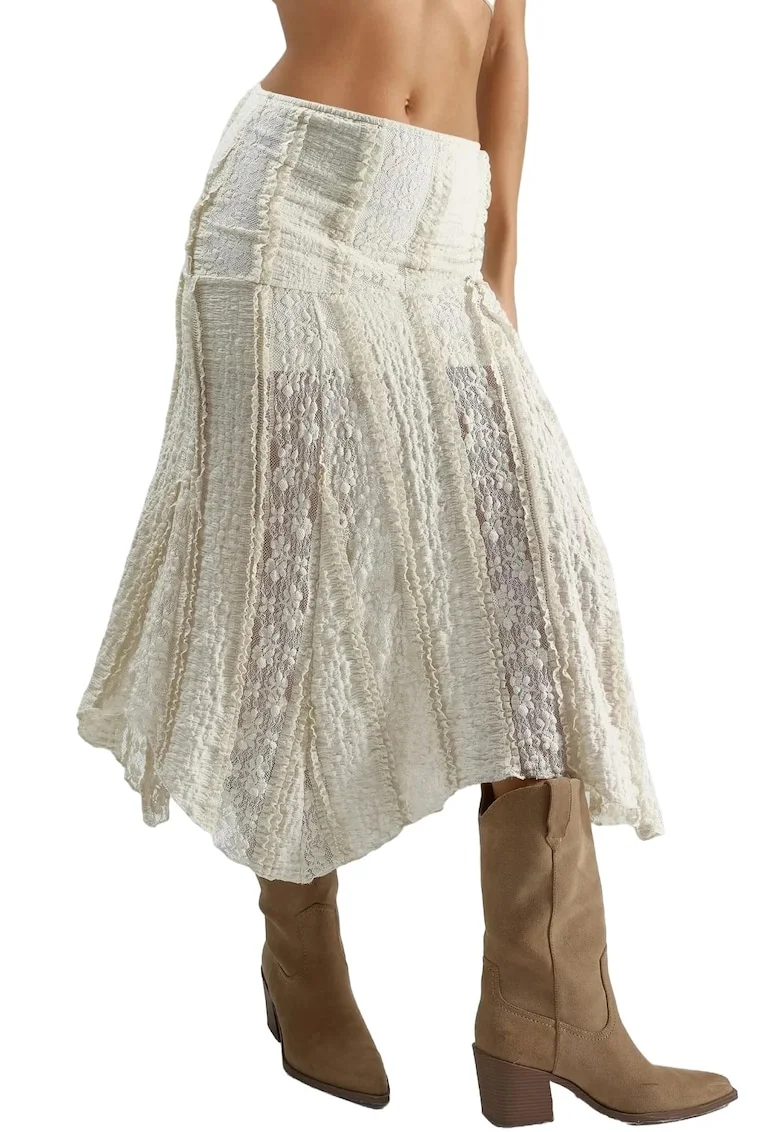 Fusta midi,  Dantela, Bej natural, Talie inalta