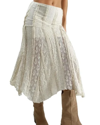 Fusta midi,  Dantela, Bej natural, Talie inalta
