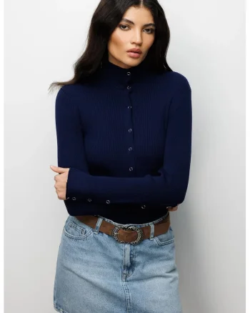 Cardigan dama,  Slim Fit, guler inalt, bleumarin, tricot
