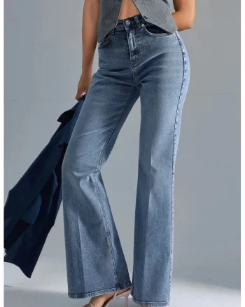 Blugi dama,  evazati, talie inalta, albastru deschis, denim