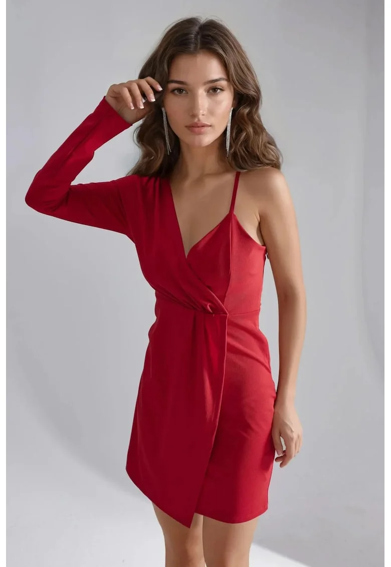 Rochie mini  asimetrica, decolteu in V, rosie, crep