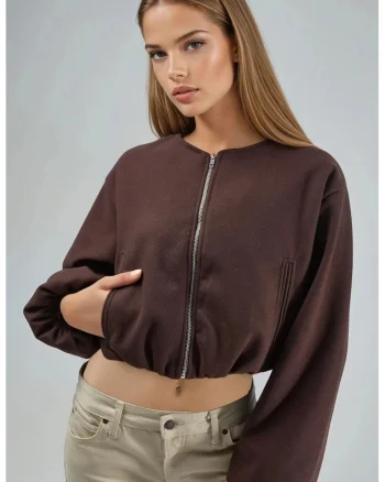 Hanorac dama  scurt, cu buzunare, maro, textil