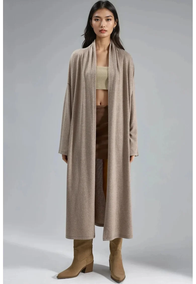 Cardigan lung dama,  tricot, bej natural, One Size