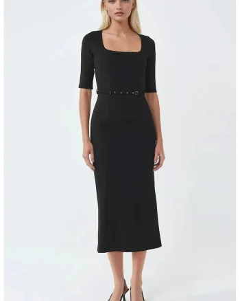 Rochie midi  cu curea, guler patrat, neagra, poliester si elastan