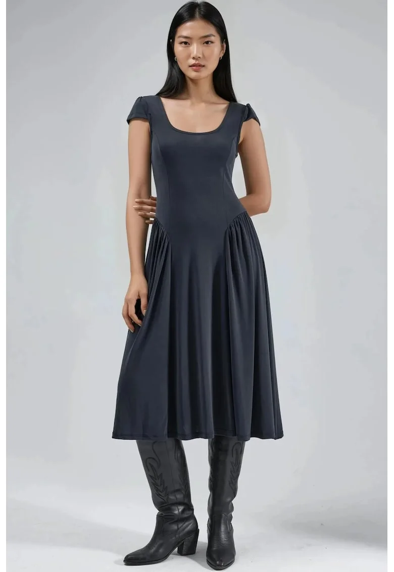 Rochie midi  gri inchis, jerseu, cu guler solid si panouri