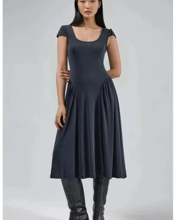 Rochie midi  gri inchis, jerseu, cu guler solid si panouri