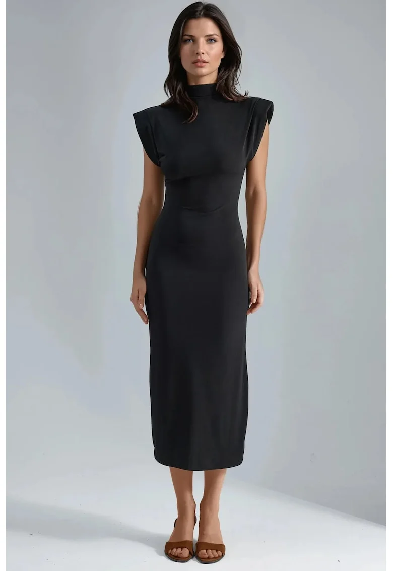 Rochie midi,  mulata, guler rotund, neagra, jerseu