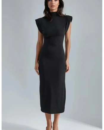 Rochie midi,  mulata, guler rotund, neagra, jerseu