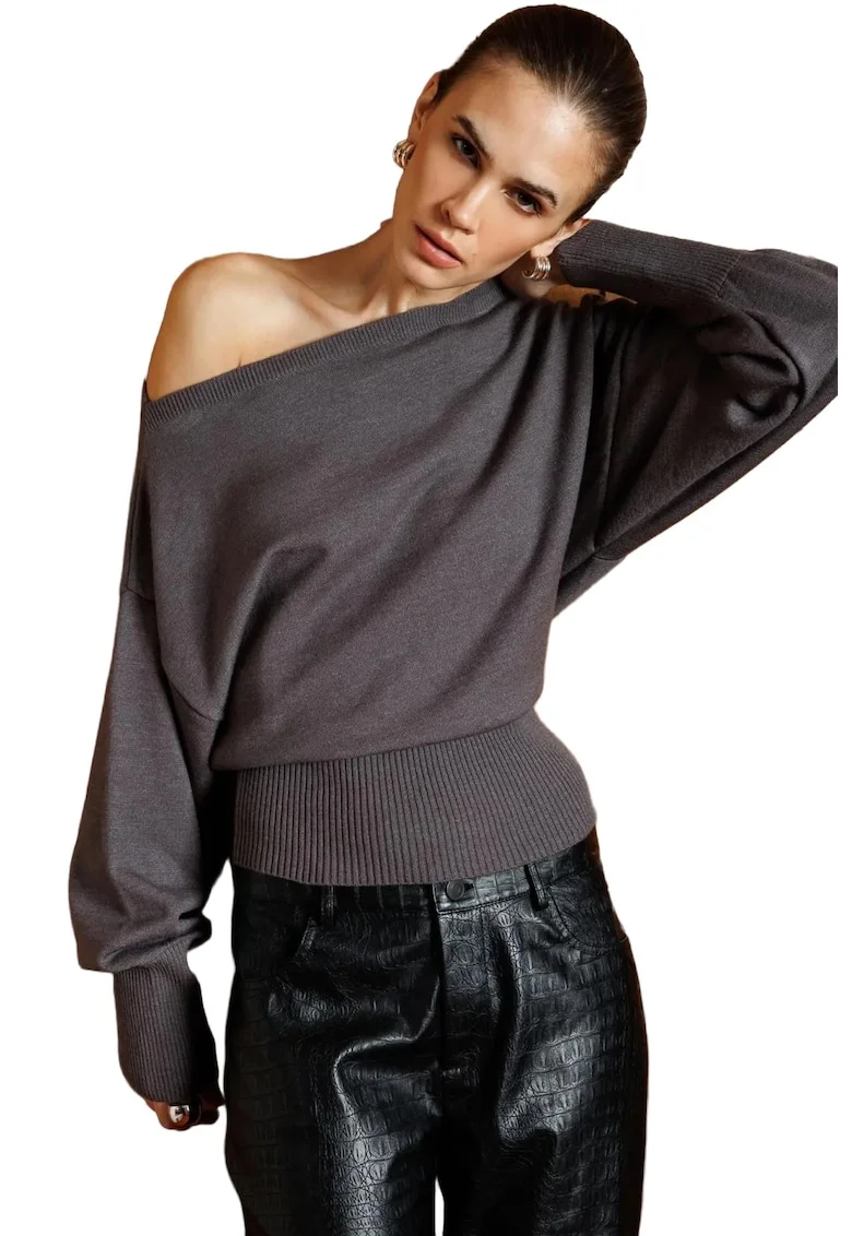 Pulover asimetric dama  gri inchis, tricot, One Size