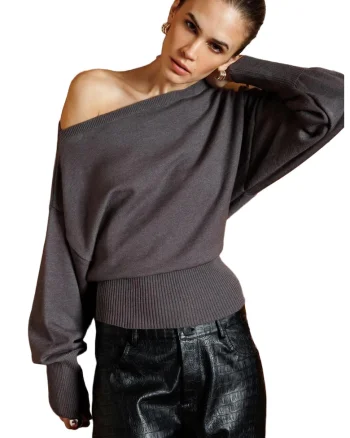 Pulover asimetric dama  gri inchis, tricot, One Size