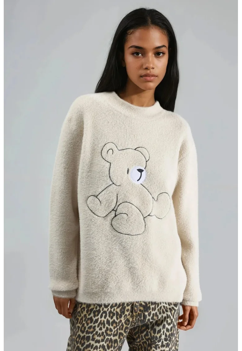 Pulover dama,  brodat, bej, tricot, One Size