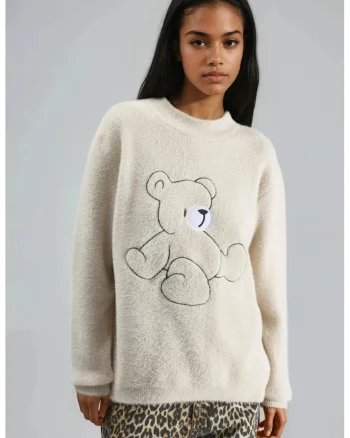 Pulover dama,  brodat, bej, tricot, One Size