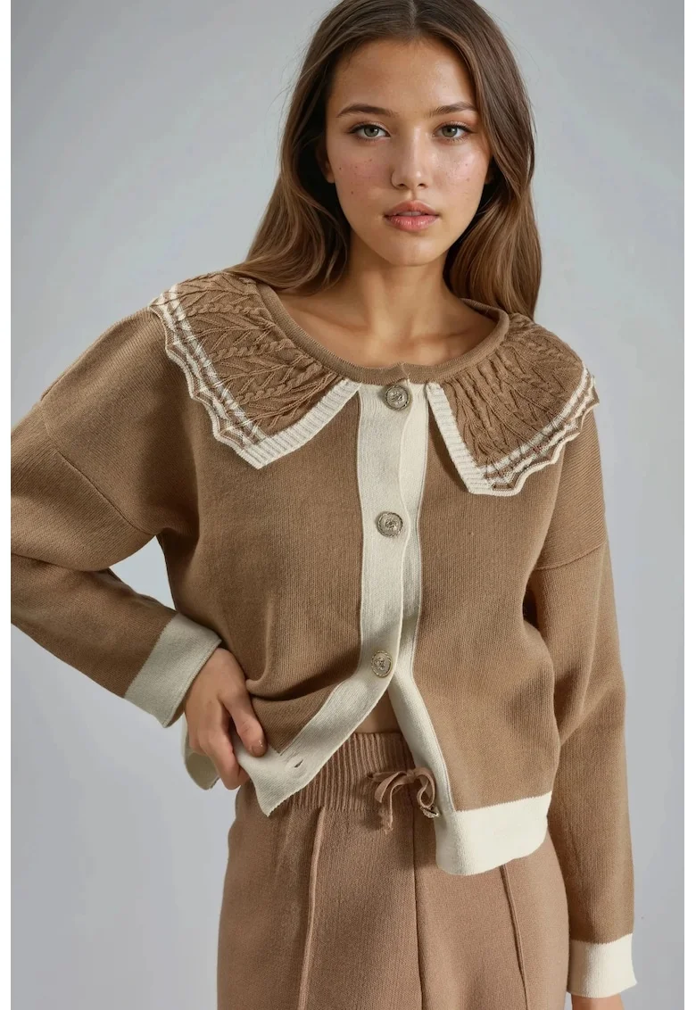 Pulover dama,  cu nasturi, tricot, maro, One Size
