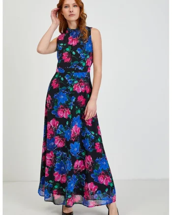 Rochie lunga cu model floral, Negru/Roz/Bleumarin