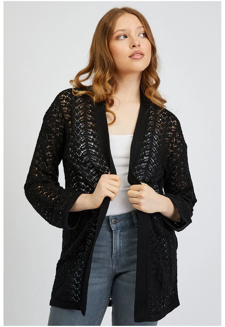 Cardigan crosetat fara inchidere, Negru