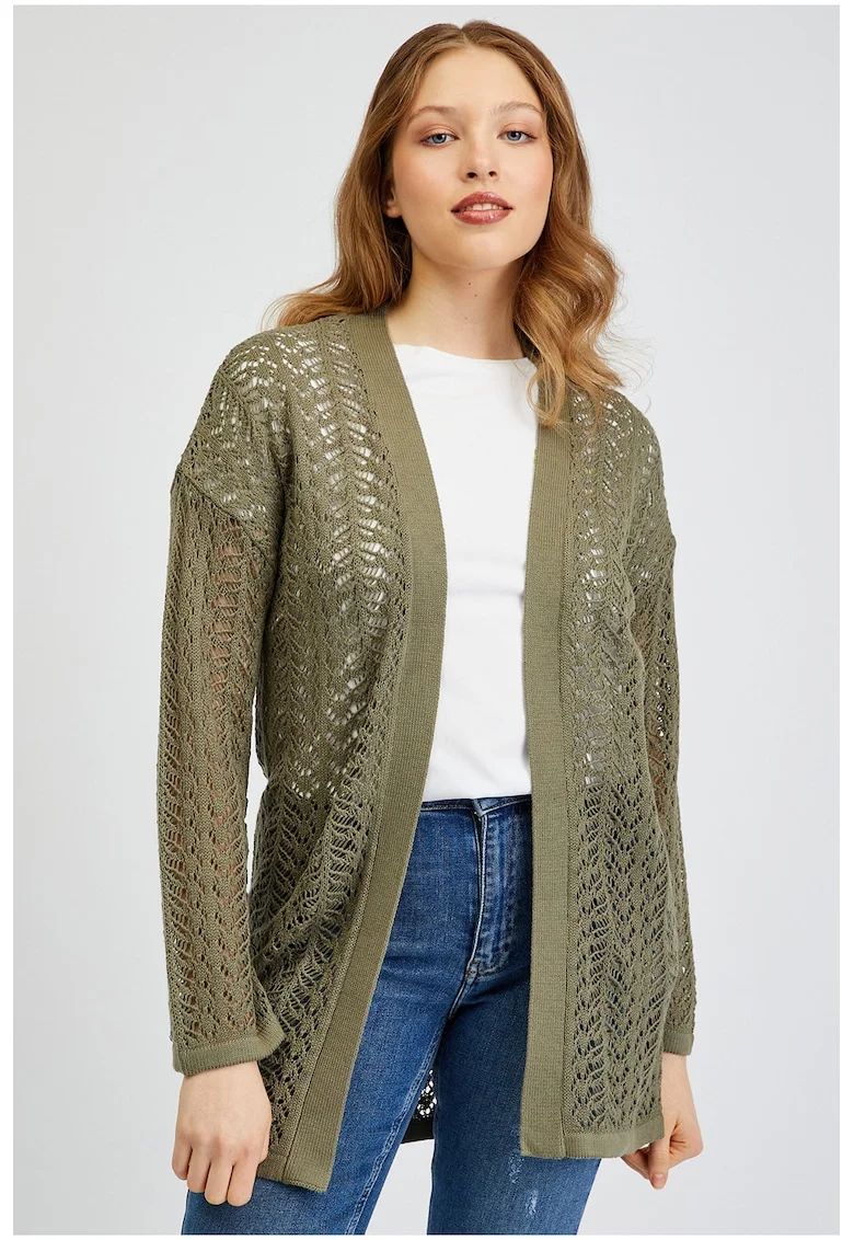 Cardigan crosetat fara inchidere, Verde inchis