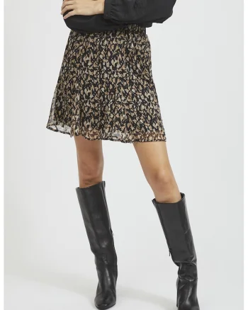 Fusta scurta cu talie elastica, Negru/Maro camel