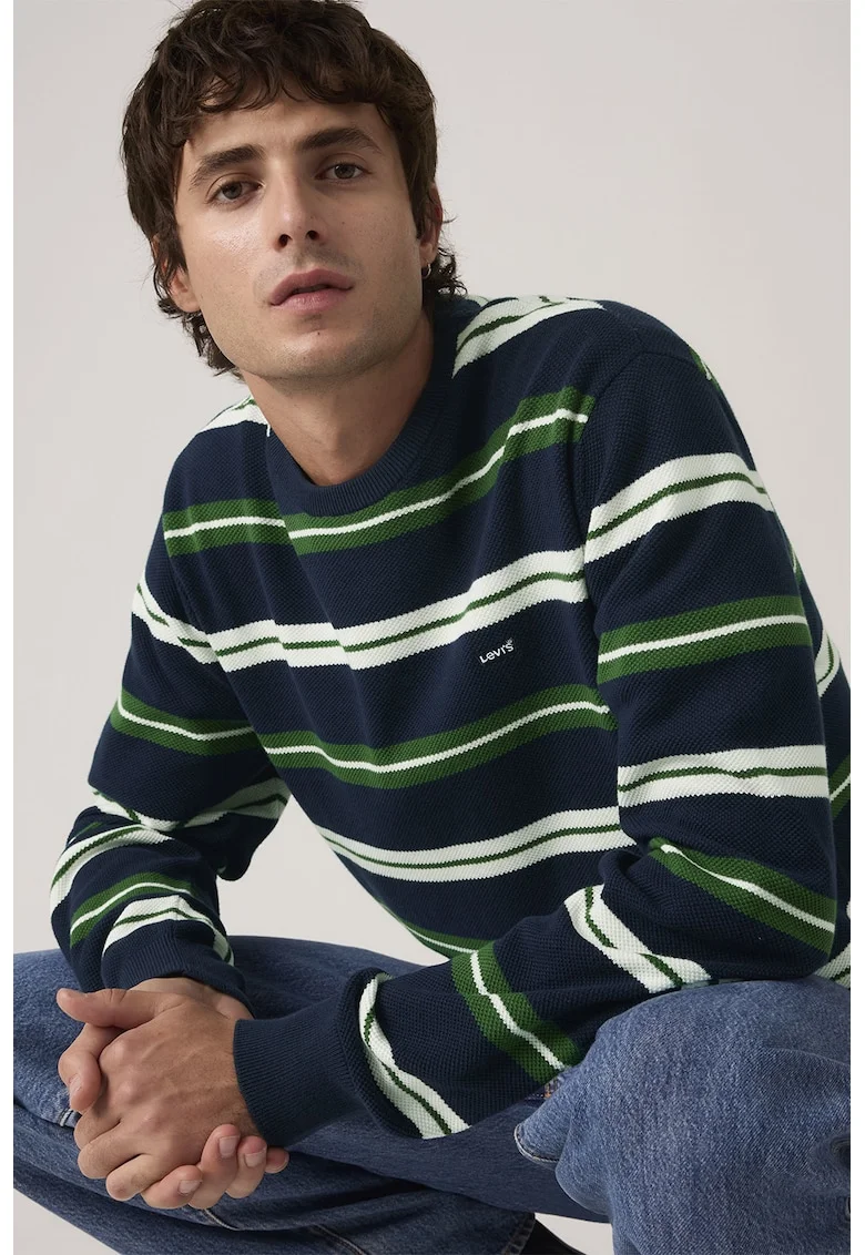 Bluza de trening cu model in dungi si logo discret, Alb/Verde/Bleumarin