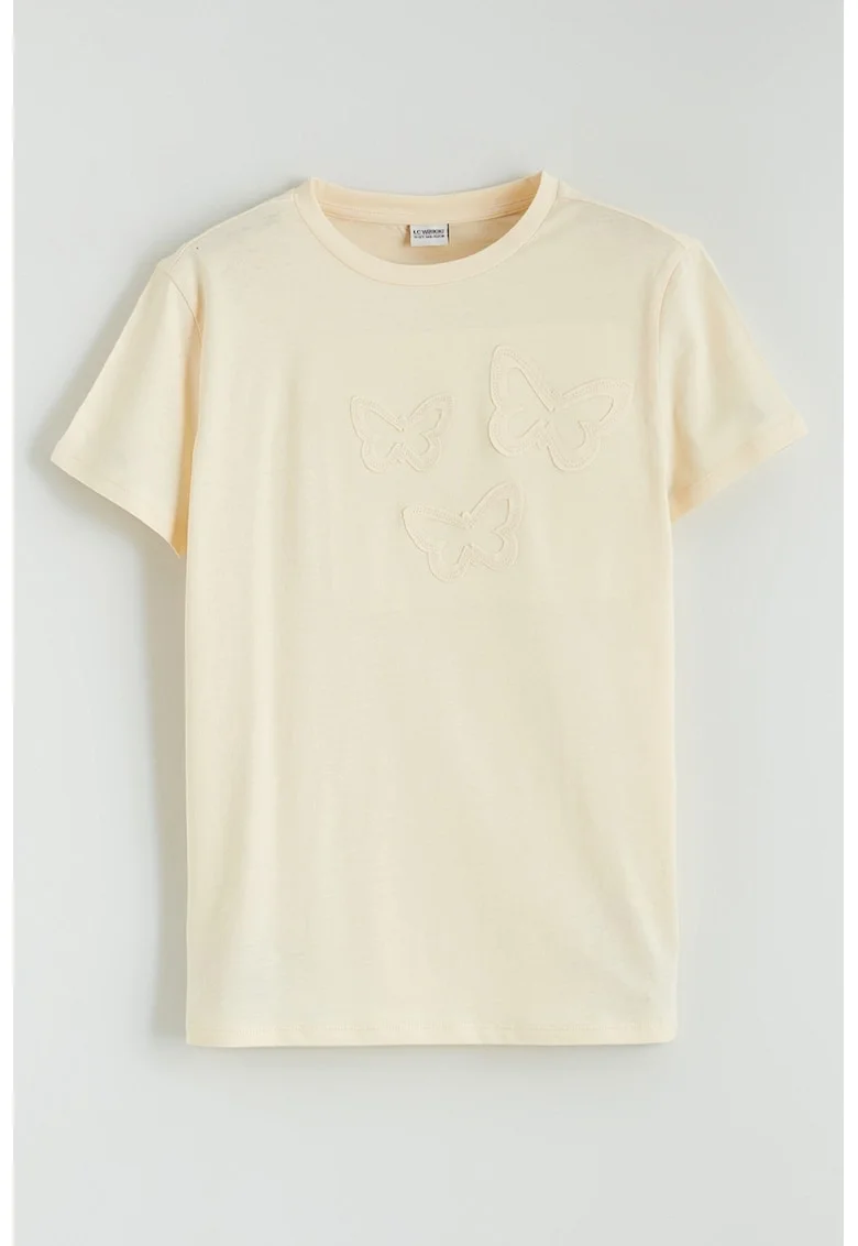 Tricou din bumbac cu fluturi brodati, Galben pal