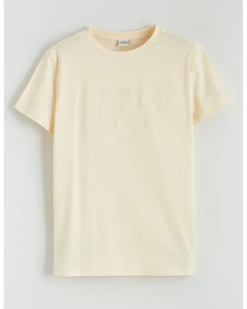 Tricou din bumbac cu fluturi brodati, Galben pal