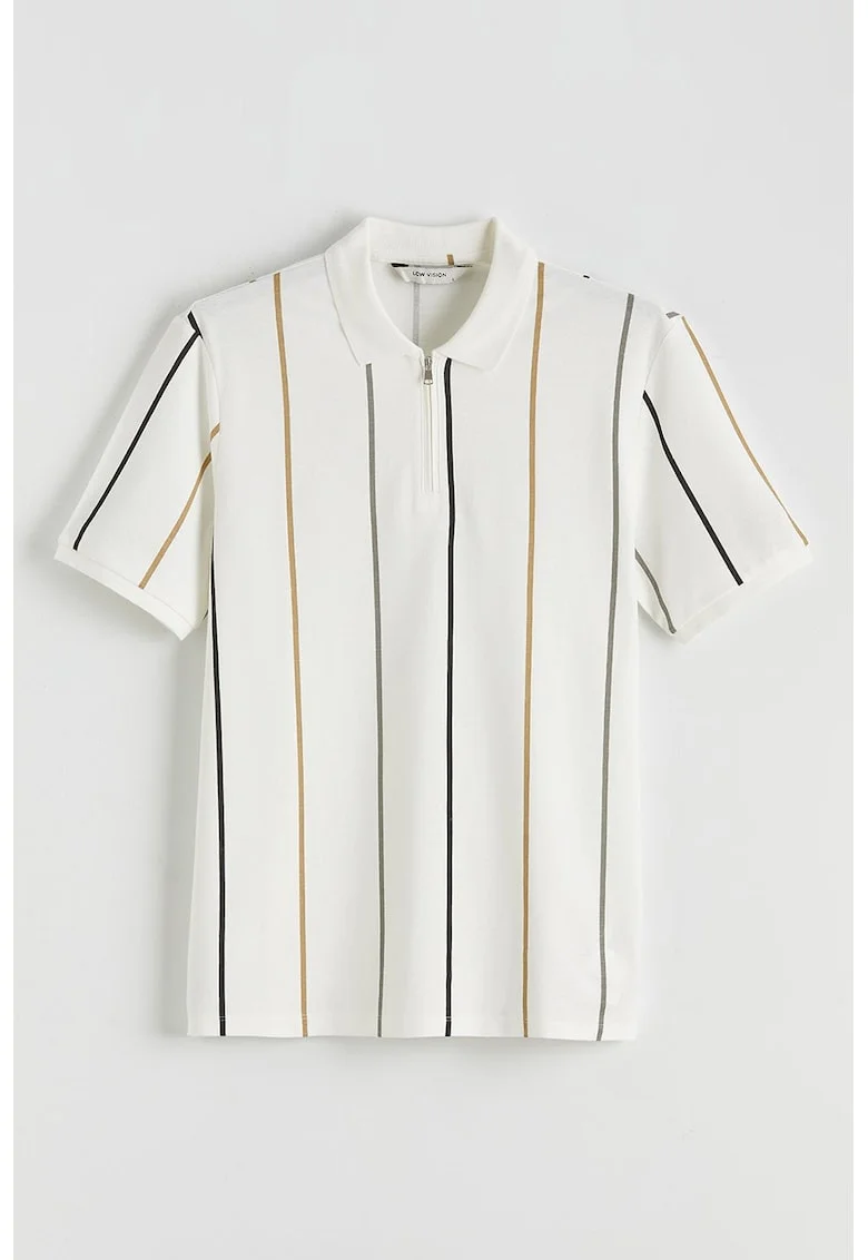 Tricou polo din bumbac cu model in dungi, Crem
