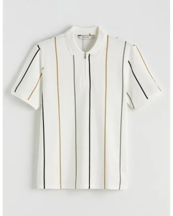 Tricou polo din bumbac cu model in dungi, Crem