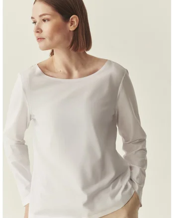 Bluza din amestec de bumbac cu decolteu barcuta, Alb