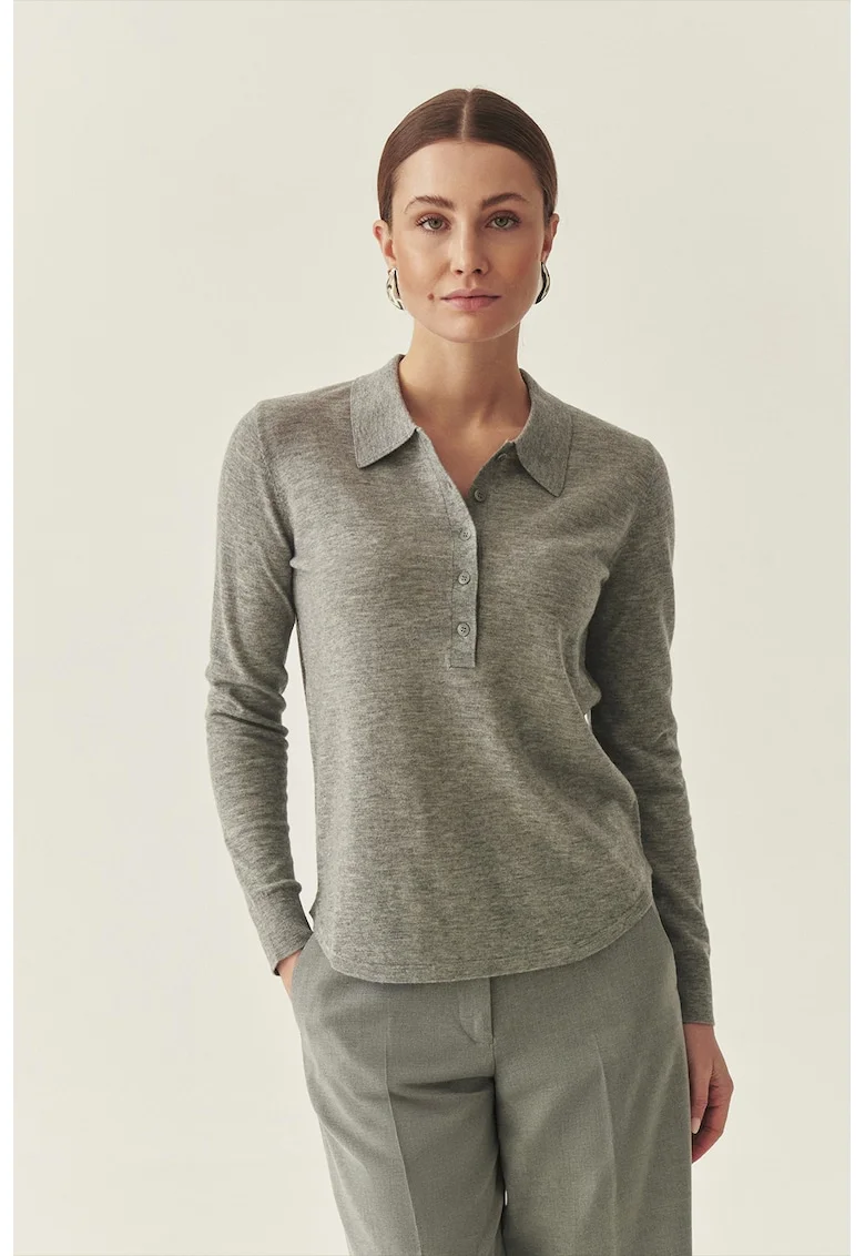 Bluza polo tricotata fin din lana, Gri melange