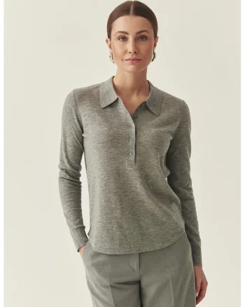 Bluza polo tricotata fin din lana, Gri melange