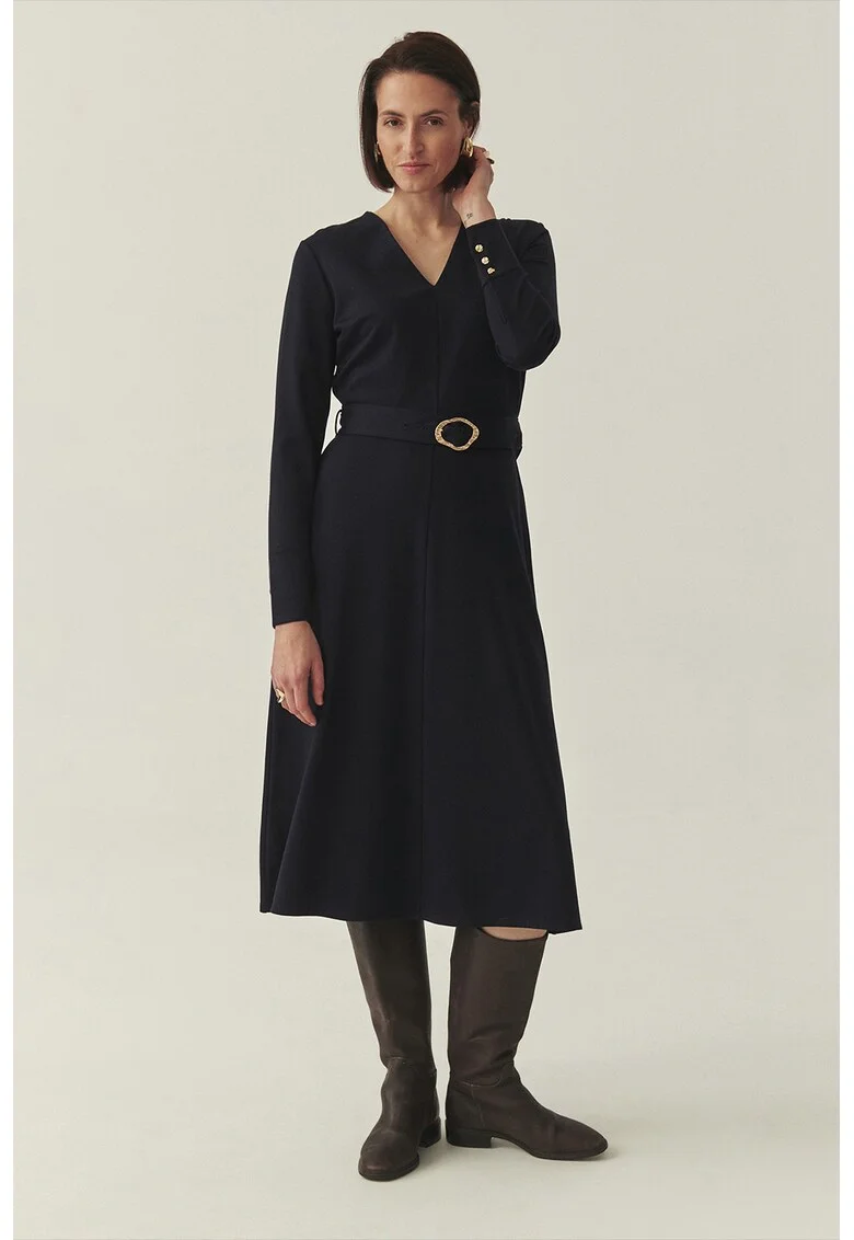 Rochie midi cu decolteu in V, Albastru ultramarin