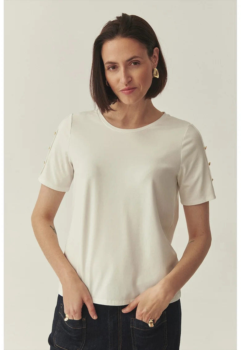Tricou din amestec de modal cu decolteu rotund, Auriu/Alb murdar