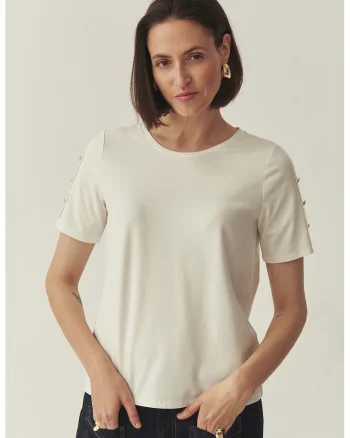 Tricou din amestec de modal cu decolteu rotund, Auriu/Alb murdar